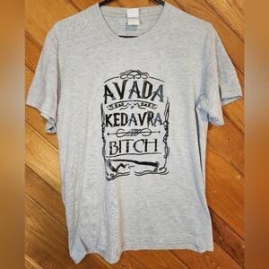 Harry Potter themed gray and black large women's tshirt Avada Kedavra wand